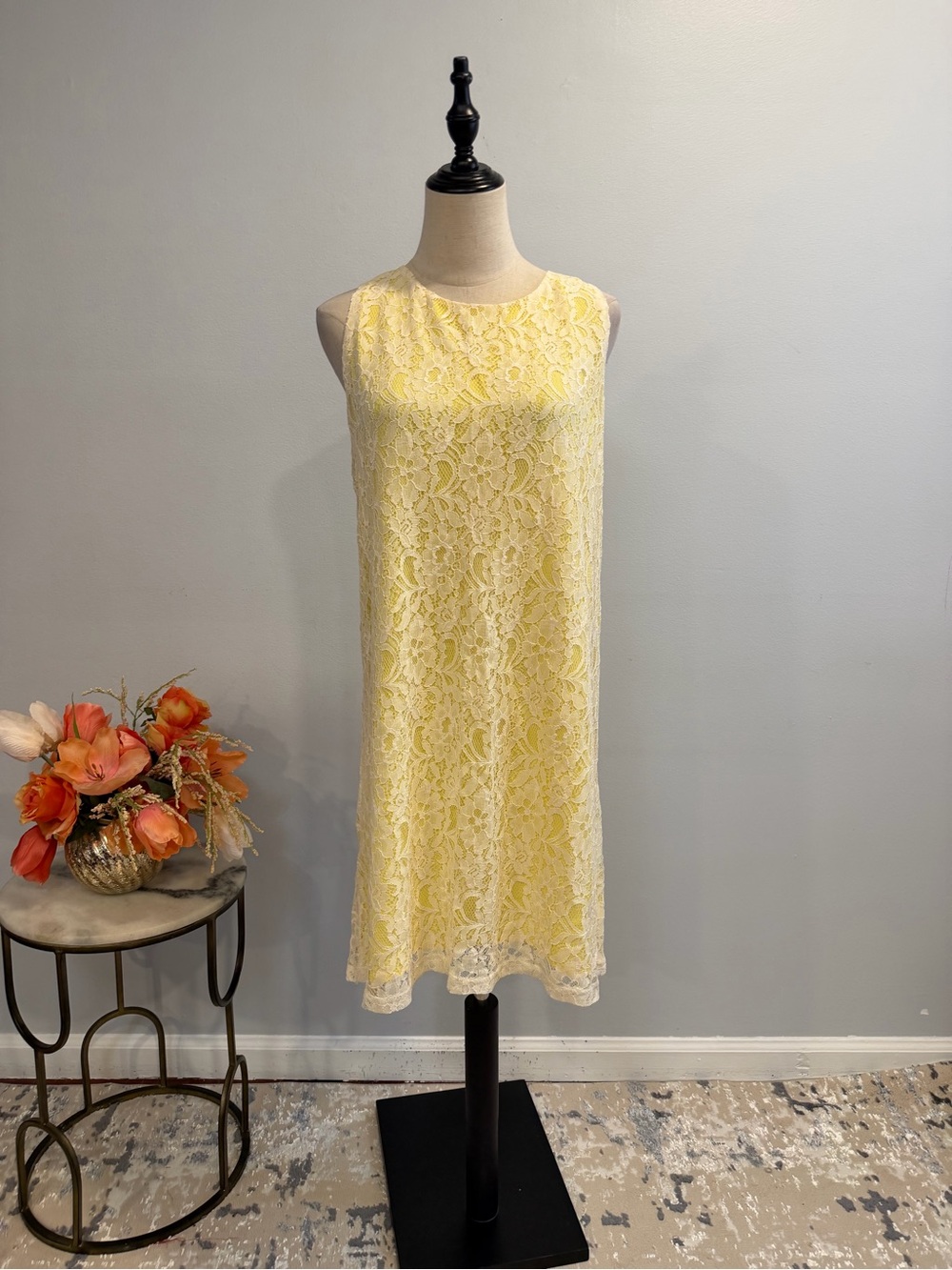 Charming Charlie Lemon Yellow & White Lace Sleeveless Shift Dress - Size Large